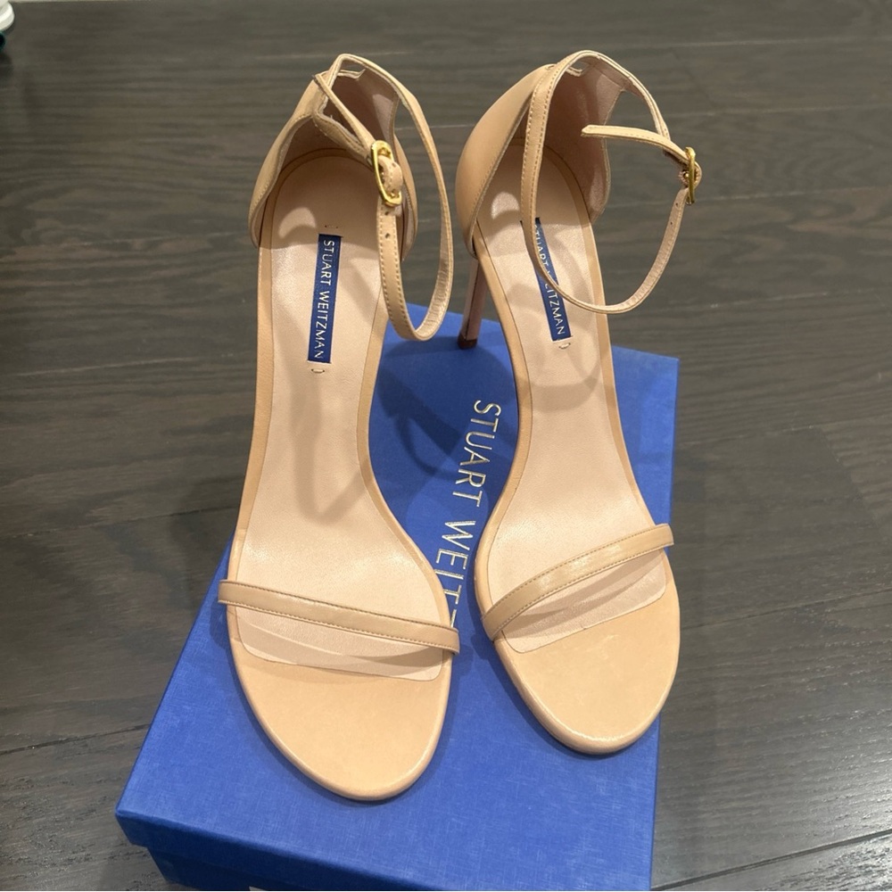 $475 Stuart Weitzman Beige Nudistsong Adobe Strap Sandal Shoes Heel US 10.5/41.5